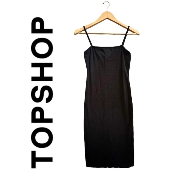 TOPSHOP Solid Black Square Neck Spaghetti Strap Mini Dress Body-con Women’s 4 - Picture 1 of 8